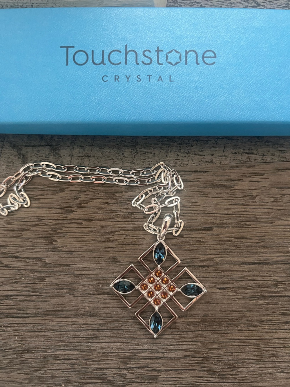 Touchstone Crystal Silver Pendant Necklace with Blue and Amber Stones
